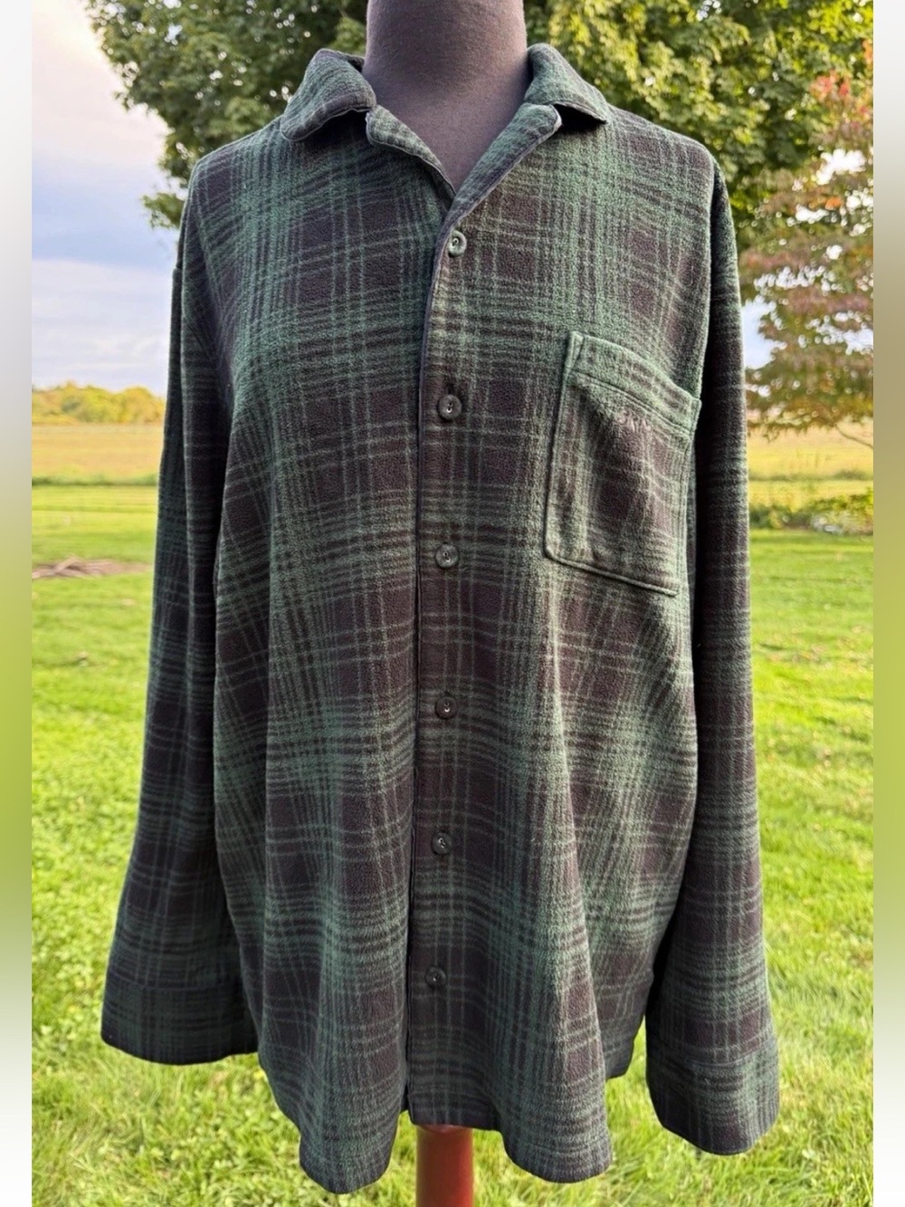 SKIMS Green Black Plaid Fleece Button-Up Pajama Top Pockets Collared Size S